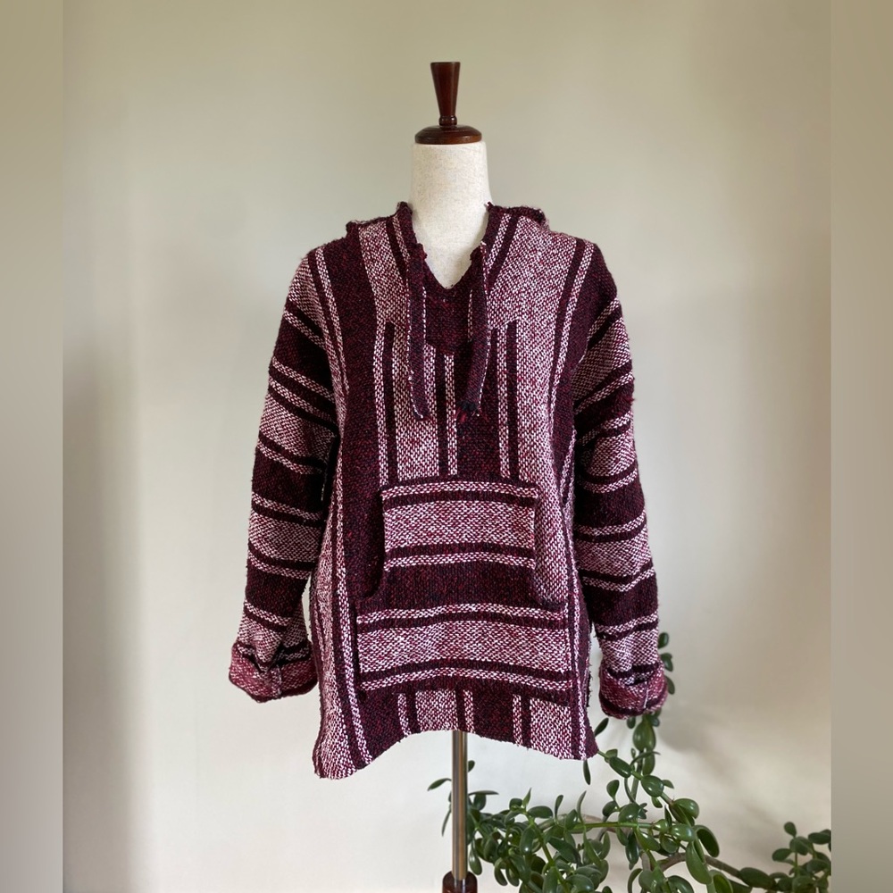 Elegant Burgundy and White Striped Women's Mexican Sweater